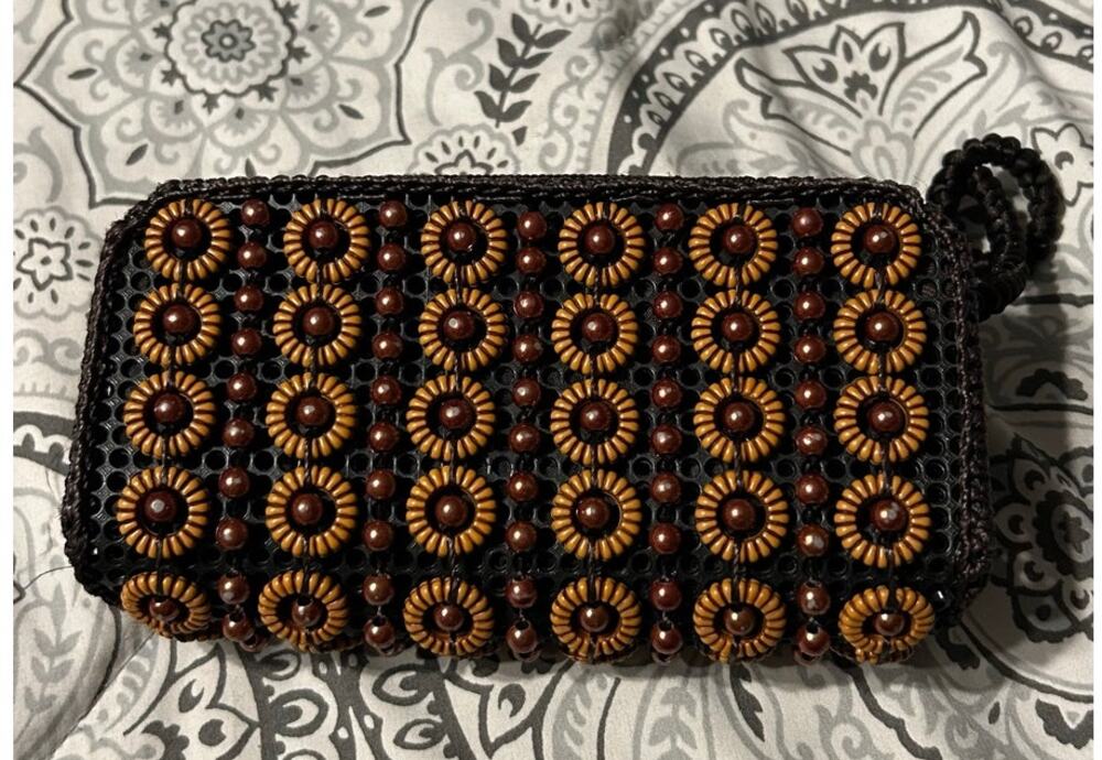 Handmade Wristlet double Zipper Clutch Beaded Brown Black Crochet Bohemian